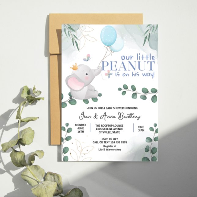 Our Little Peanut Cute Elaphant Baby Boy Shower  Invitation (our little peanut cute elaphant baby boy shower )