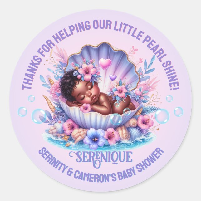 Our Little Pearl Baby Girl Pastel Purple Seashell Classic Round Sticker (Front)