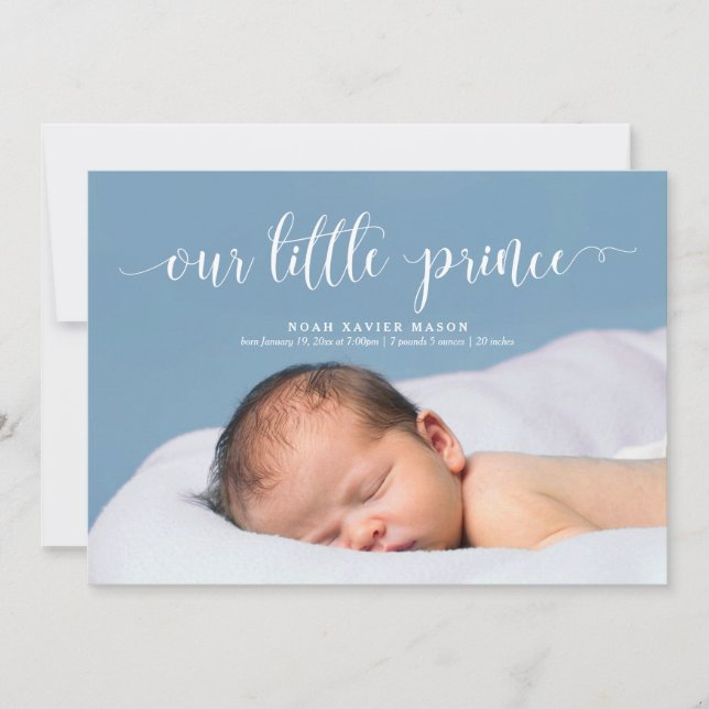 Our Little Prince White Script Birth Announcement (Front)