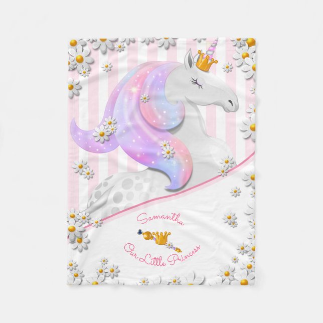 Our Little Princess Child's Pink Striped Unicorn Fleece Blanket (Front)