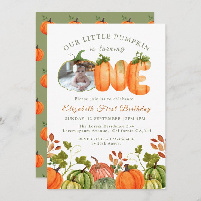 Our Little Pumpkin 1st Birthday  Fall Photo  Invitation (Front/Back)
