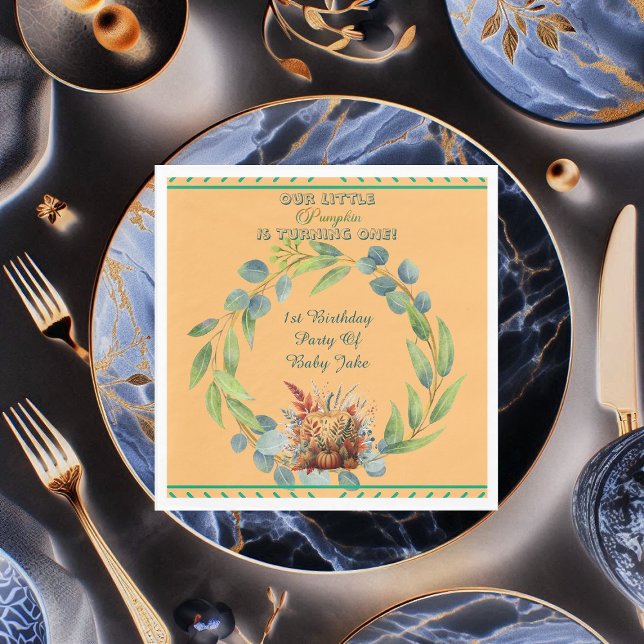 Our Little Pumpkin 1st Birthday Fall Wreath Orange Napkin (Our Little Pumpkin 1st Birthday Fall Wreath Orange Napkins)