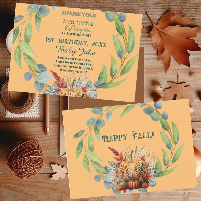 Our Little Pumpkin 1st Birthday Fall Wreath Orange Thank You Card (Our Little Pumpkin 1st Birthday Fall Wreath Orange Thank You Card)