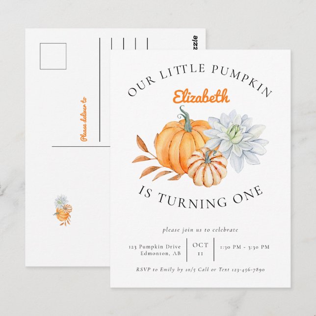 Our Little Pumpkin 1st Birthday Floral Fall Autumn Postcard (Front/Back)