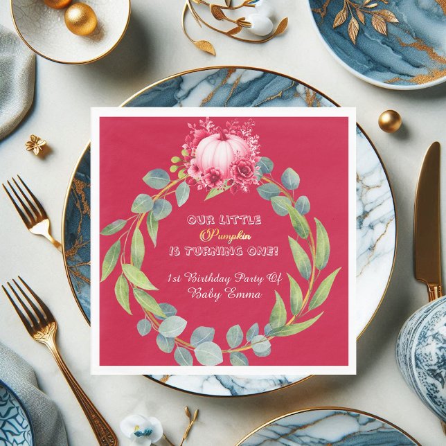 Our Little Pumpkin 1st Birthday Green Wreath Pink Napkin (Our Little Pumpkin 1st Birthday Green Wreath Pink Napkins)