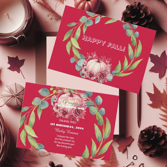 Our Little Pumpkin 1st Birthday Green Wreath Pink Thank You Card (Our Little Pumpkin 1st Birthday Green Wreath Pink Thank You Card)