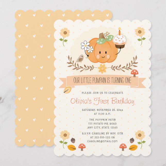Our Little Pumpkin 1st Birthday Invitations Girl (Front/Back)