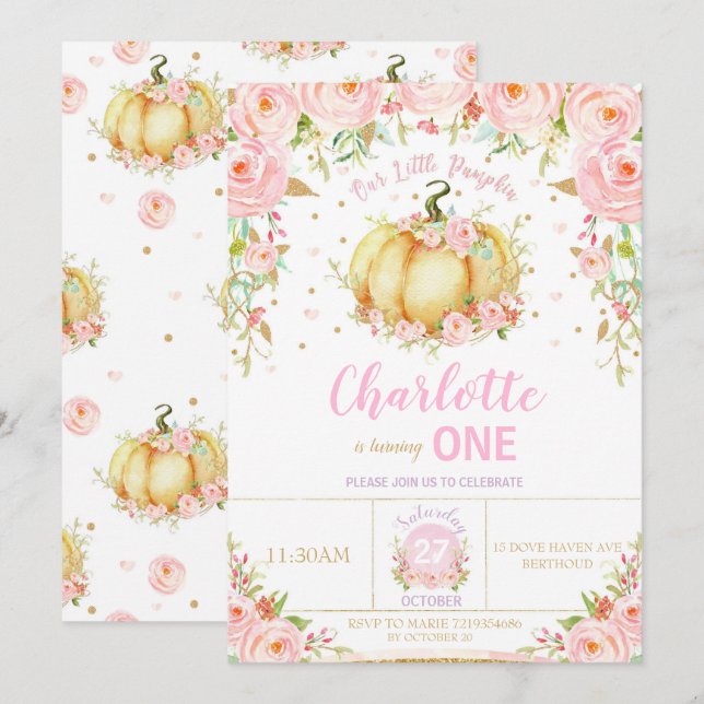 Our Little Pumpkin 1st First Birthday Girl Floral Invitation (Front/Back)