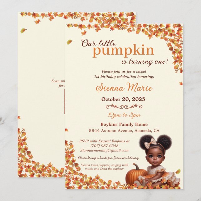 Our Little Pumpkin Afro Puff Baby Girl Birthday Invitation (Front/Back)