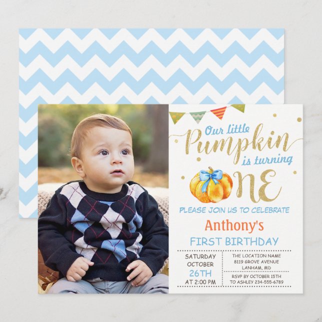 Our Little Pumpkin Baby Boy 1st Birthday Photo Invitation (Front/Back)