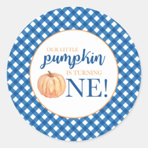 Our Little Pumpkin blue plaid first birthday Classic Round Sticker