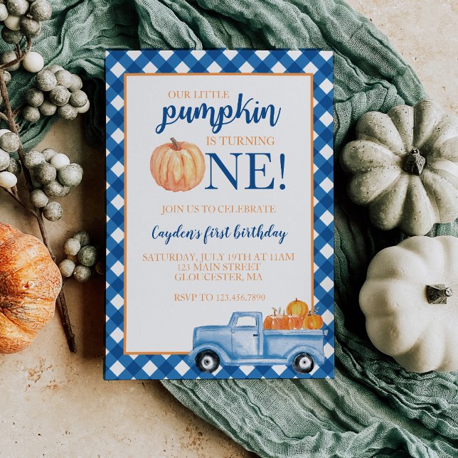 Our Little Pumpkin blue truck fall first birthday Invitation (Creator Uploaded)