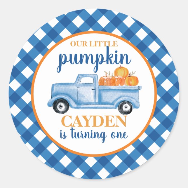 Our Little Pumpkin blue truck plaid 1st birthday Classic Round Sticker (Front)