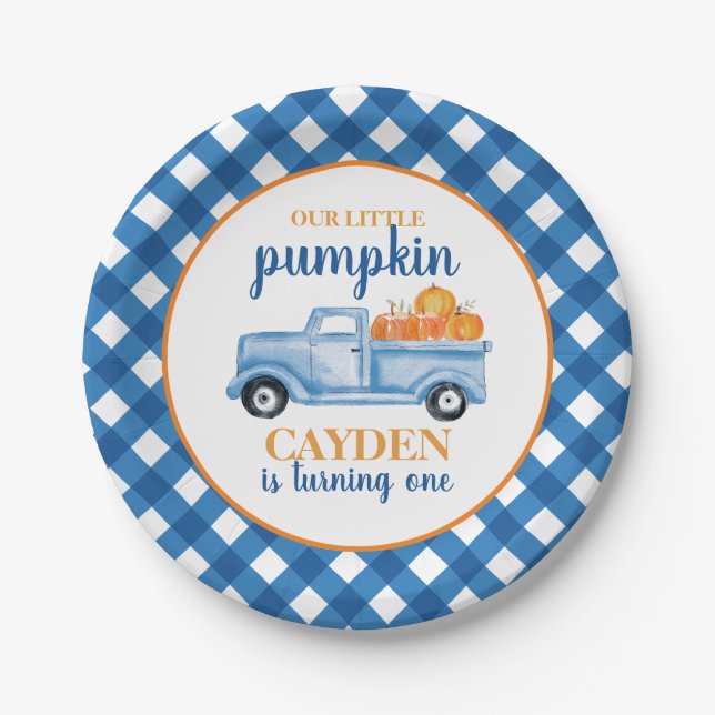 Our Little Pumpkin blue truck plaid 1st birthday Paper Plate (Front)