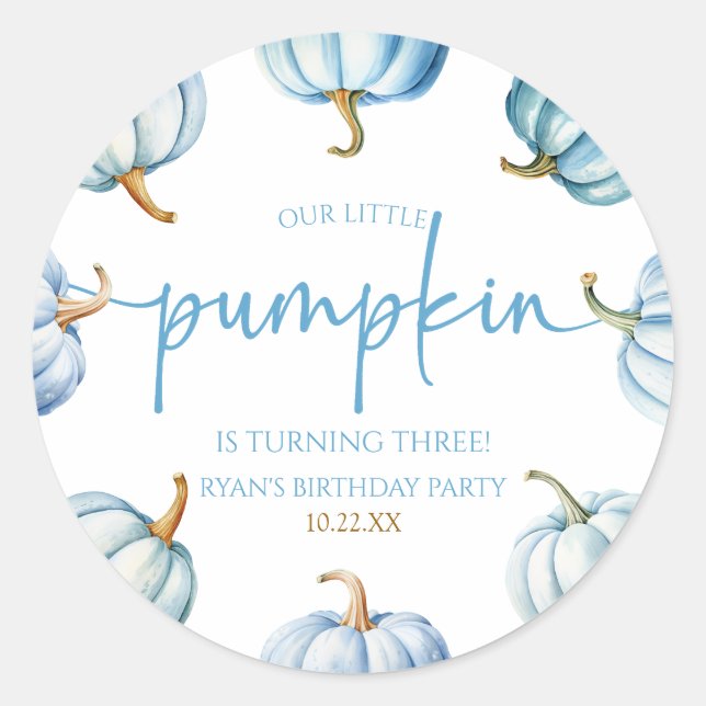 Our Little Pumpkin Blue White Fall Birthday Party Classic Round Sticker (Front)
