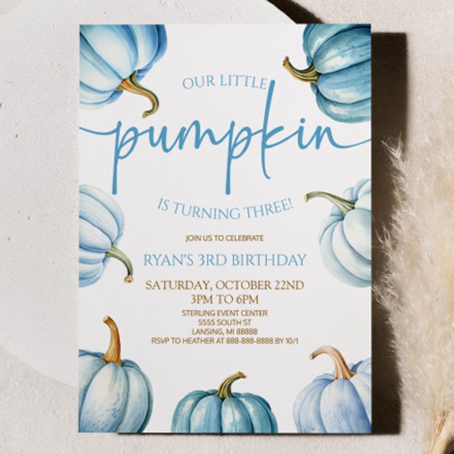 Our Little Pumpkin Blue White Fall Birthday Party Invitation (Creator Uploaded)