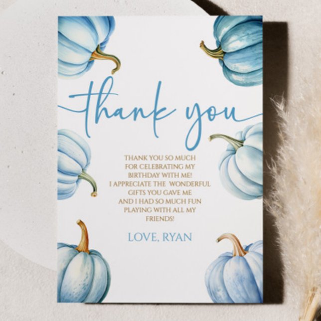 Our Little Pumpkin Blue White Fall Birthday Party Thank You Card (Creator Uploaded)
