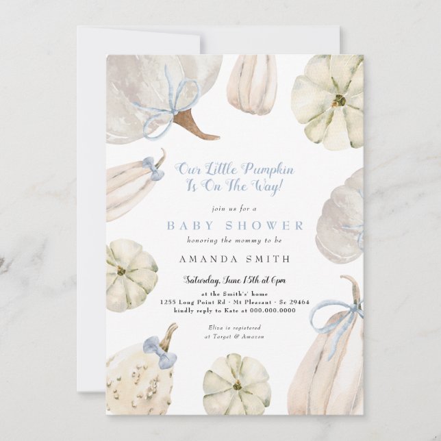 Our Little Pumpkin Boy Blue Bow Rustic Baby Shower Invitation (Front)