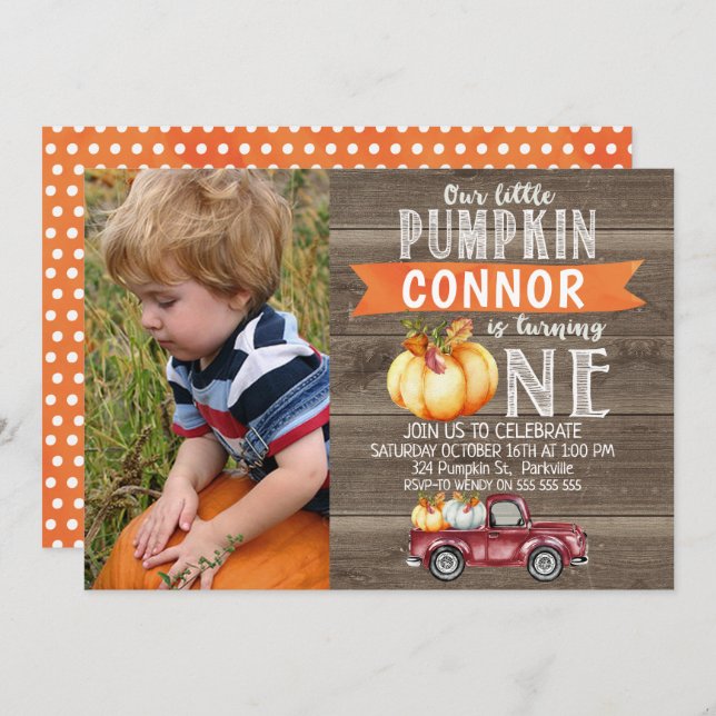 Our little pumpkin boy's first birthday invitation (Front/Back)
