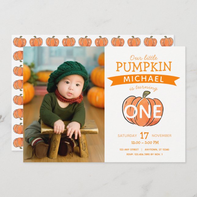 Our Little Pumpkin Fall Birthday Photo Invitation (Front/Back)