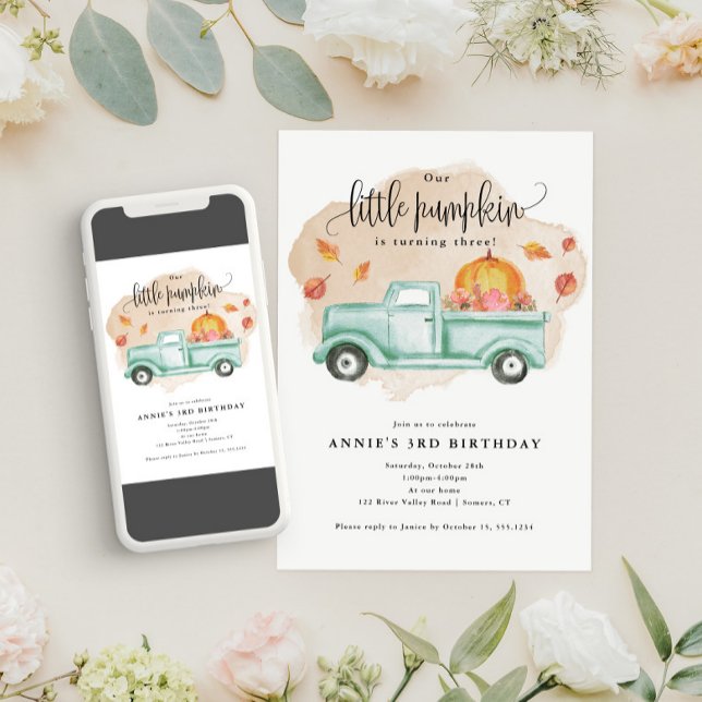 Our Little Pumpkin Fall Farm Truck Birthday Invitation (An adorable invitation for your Little Pumpkin's Birthday!)