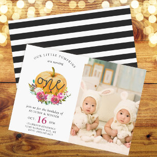 Our Little Pumpkin Fall Floral 1st Twins Birthday Invitation