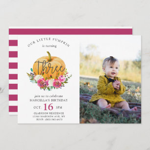 Our Little Pumpkin Fall Floral 3rd Birthday Invitation