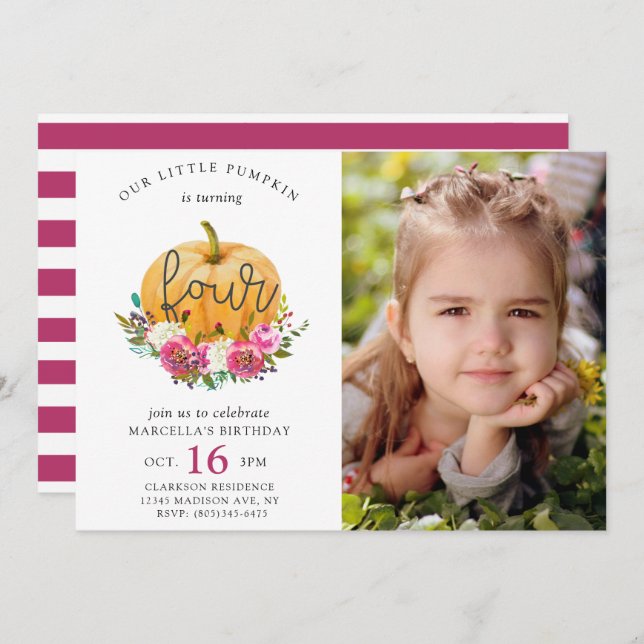 Our Little Pumpkin Fall Floral 4th Birthday Invitation (Front/Back)