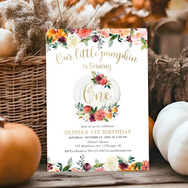 Our little pumpkin fall floral burgundy gold invitation (Creator Uploaded)