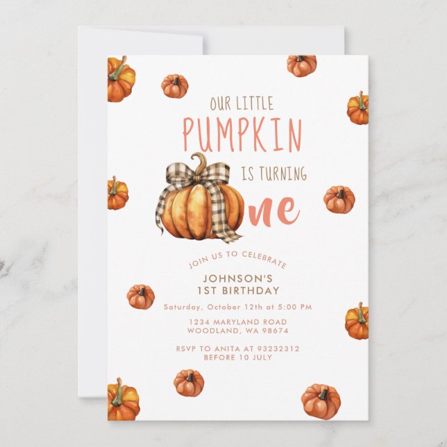 Our Little Pumpkin First Birthday Bow Pumpkin  Invitation (Front)