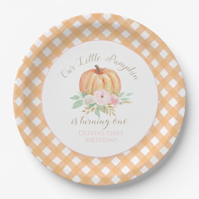 Our Little Pumpkin first birthday floral plaid Paper Plate (Front)