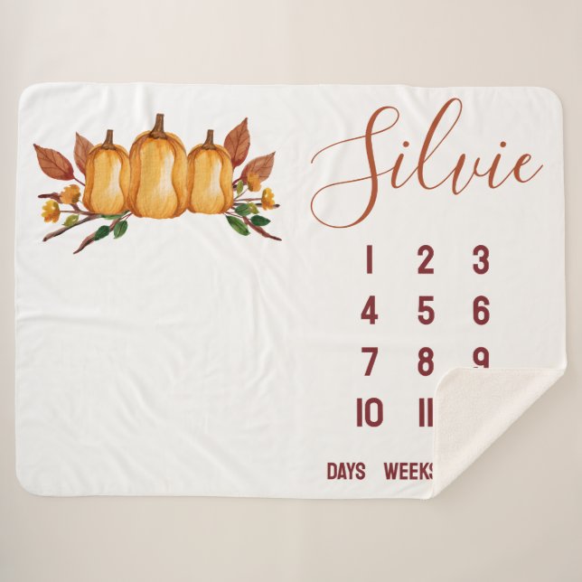 Our Little Pumpkin, Floral Baby Milestone Sherpa Blanket (Front (Horizontal))