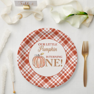 Our Little Pumpkin floral red plaid 1st birthday Paper Plate