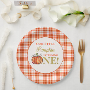 Our Little Pumpkin floral red plaid 1st birthday Paper Plate