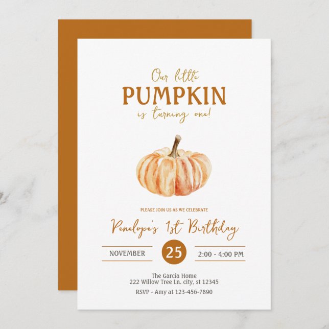 Our little Pumpkin Gender Neutral fall Birthday Invitation (Front/Back)