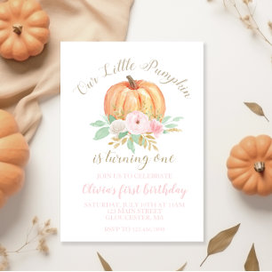 Our Little Pumpkin gold and floral first birthday  Invitation