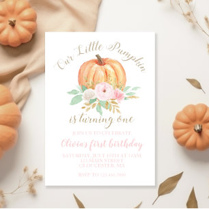 Our Little Pumpkin gold and floral first birthday Invitation