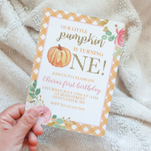 Our Little Pumpkin gold and floral first birthday Invitation