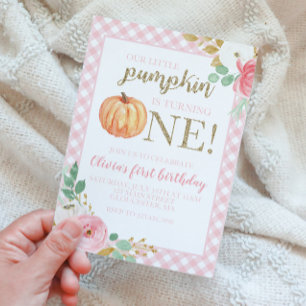 Our Little Pumpkin gold and floral first birthday  Invitation