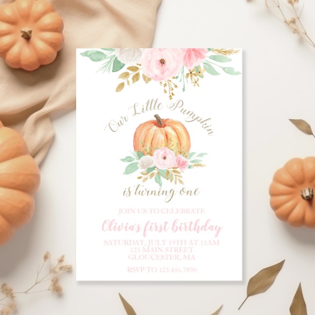 Our Little Pumpkin gold and floral first birthday  Invitation (Creator Uploaded)