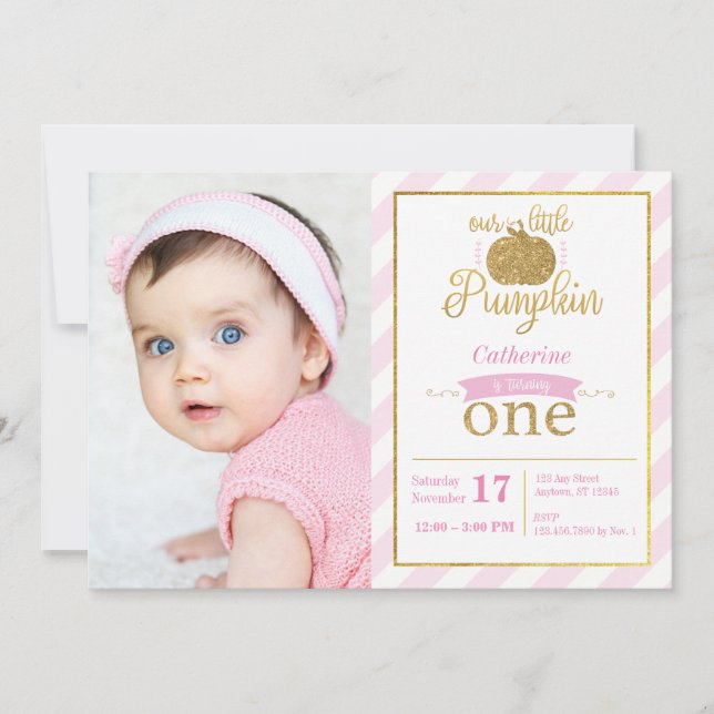 Our Little Pumpkin Gold/Pink Birthday Invite Photo (Front)