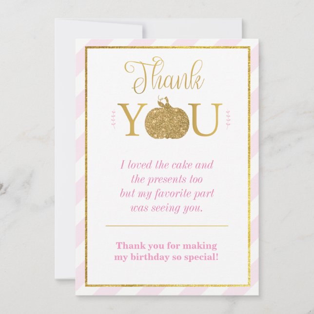 Our Little Pumpkin Gold Pink Birthday Thank You Invitation (Front)