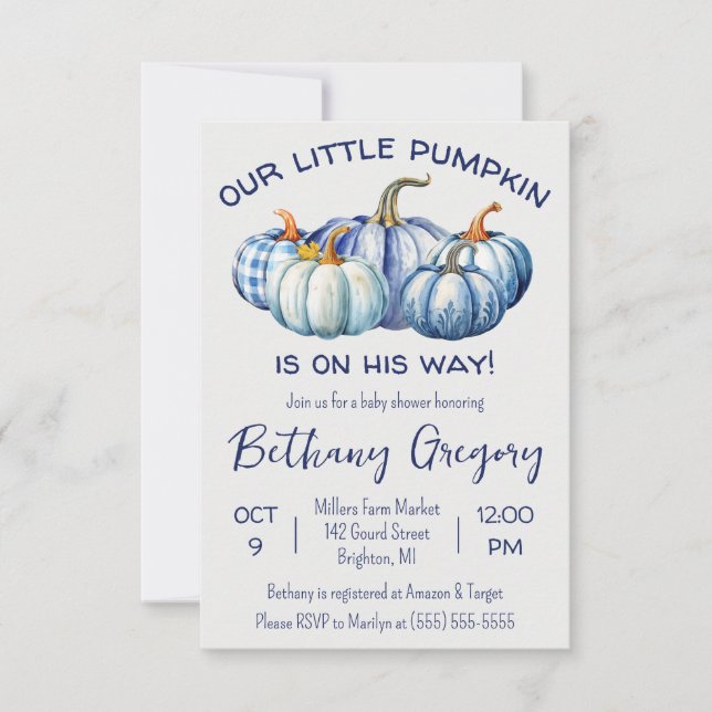 Our Little Pumpkin is on his way, blue Baby Shower Invitation (Front)