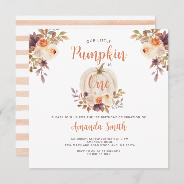 Our Little Pumpkin Is One Birthday Rustic Floral Invitation (Front/Back)