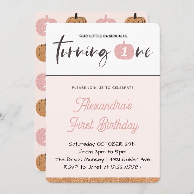 Our Little Pumpkin is Turning One 1st Birthday Invitation (Front/Back)