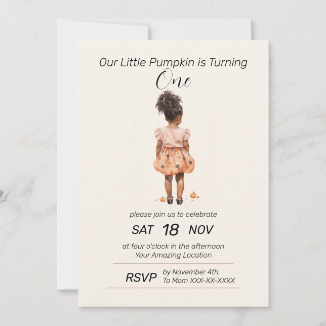 Our Little Pumpkin is Turning One Birthday invite (Front)
