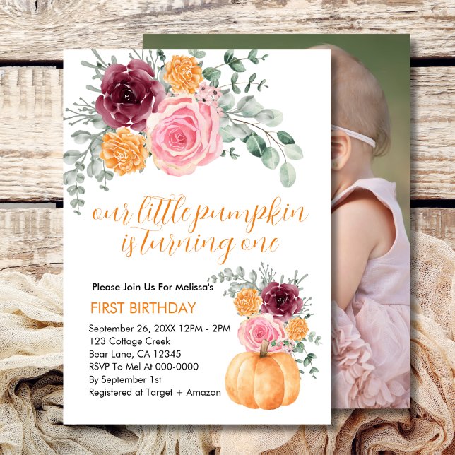 Our Little Pumpkin is turning one burgundy pink  Invitation (Creator Uploaded)