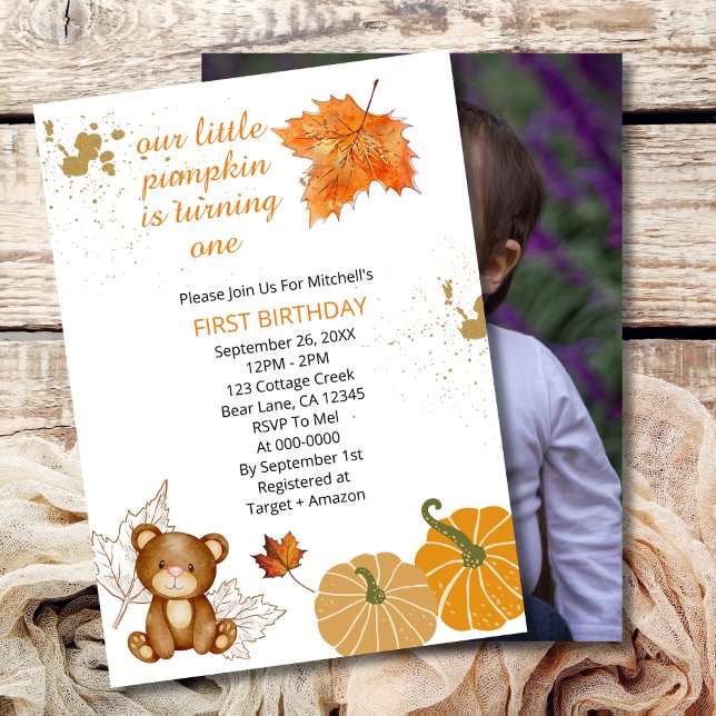 Our Little Pumpkin is turning one fall leaf photo Invitation (Creator Uploaded)