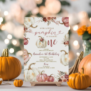 Our Little Pumpkin Is Turning One Marsala Pumpkin Invitation