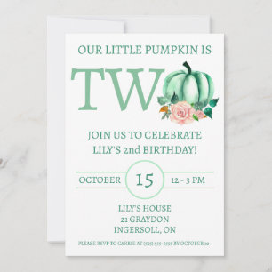 Our Little Pumpkin is TWO Mint/Pink Birthday Party Invitation